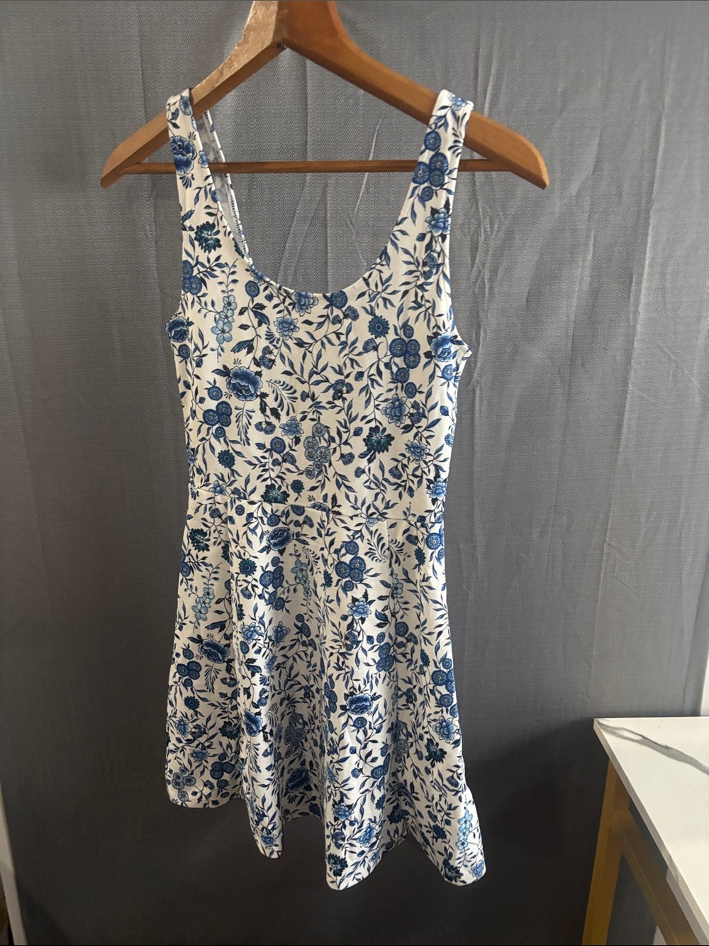 Divided White Mini Dress with Blue Floral Print